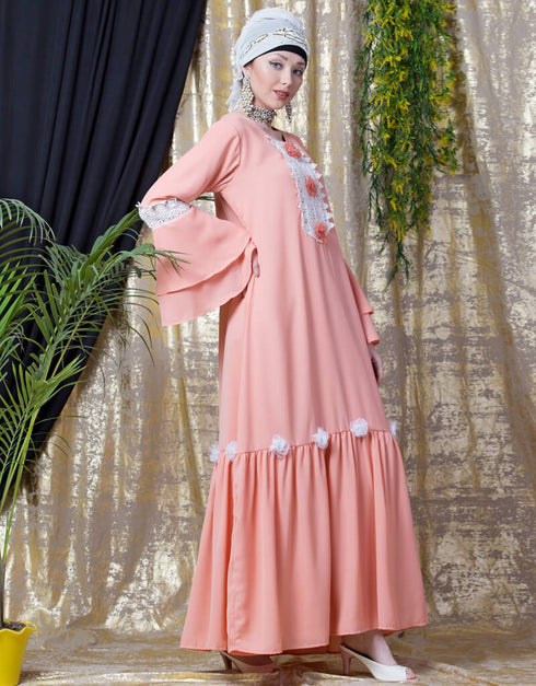 Dubai Bell Sleeve flowers around knee party Abaya Peach